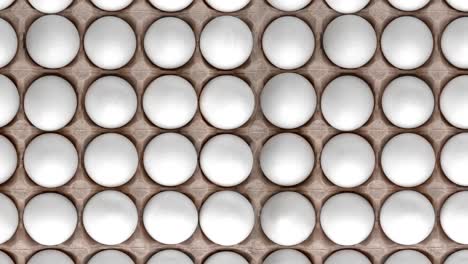 top view pattern with white chicken raw eggs in carton recyclable cardboard box. natural shadow, easter concept