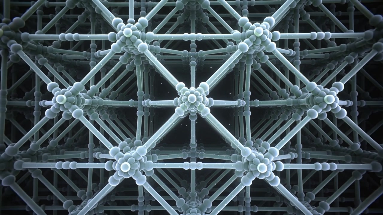 Camera pulling back from node cluster, lattice revealing repeating cubic grid for tech demo