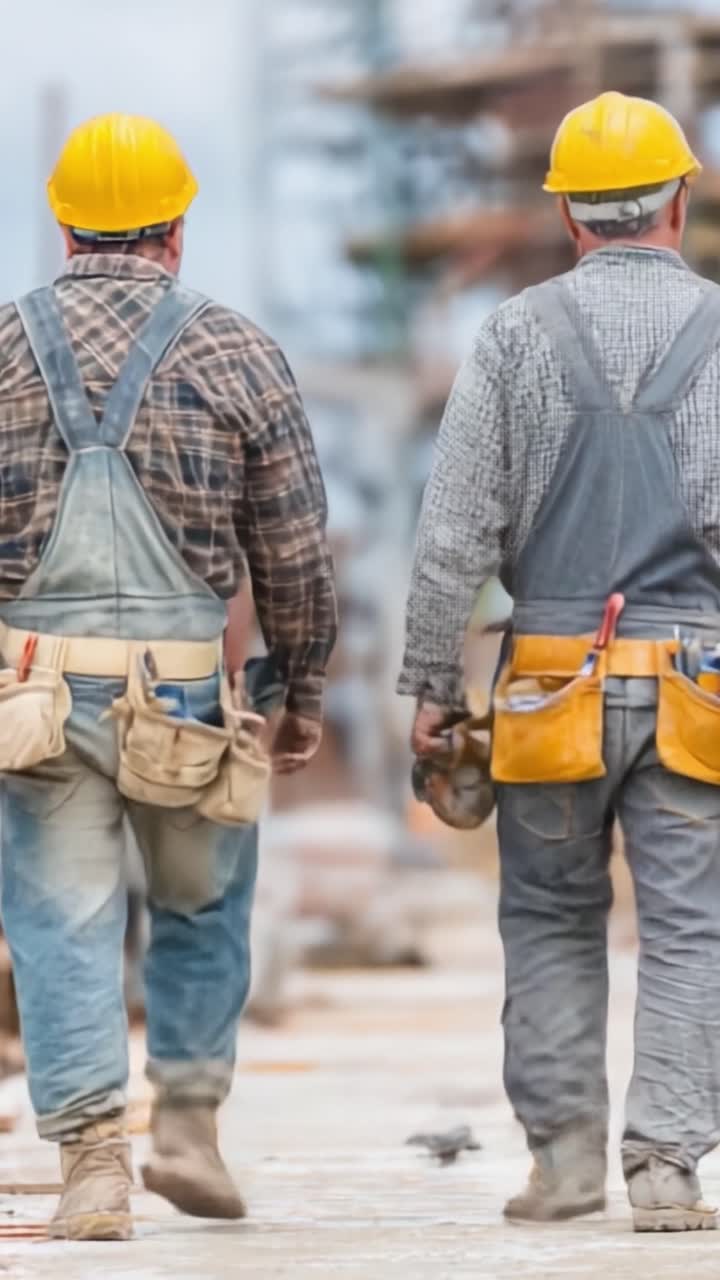 Two Construction Workers in Hard Hats Walking Together on a Job Site, Focused on Their Tasks While Carrying Tools in Their Utility Belts