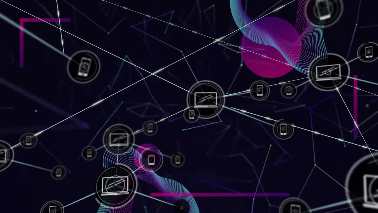 Animation of network of connections with icons over purple shapes moving