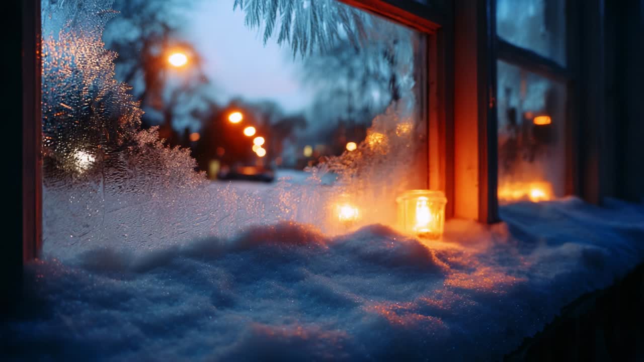 A Cozy Winter Evening Scene Captured Through Frosted Glass, Featuring Glowing Candles and Snowy Windowsills That Evoke Warmth and Tranquility Against the Chilly Backdrop of a Twilight Cityscape