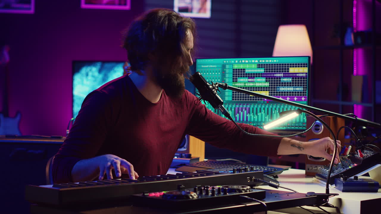 músico hábil componiendo una canción en el piano controlador midi