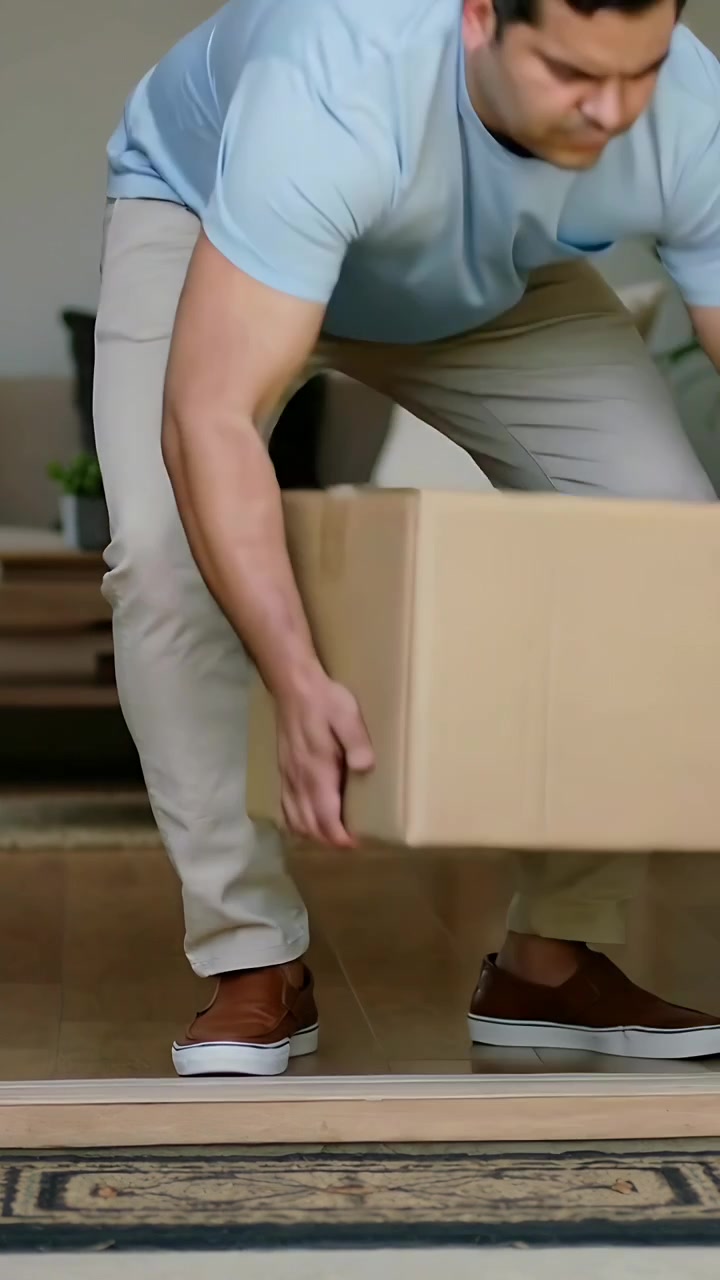 Vídeo vertical: Homem de t-shirt azul a baixar-se e a levantar uma caixa de cartão na entrada de casa, a trazê-la para dentro.