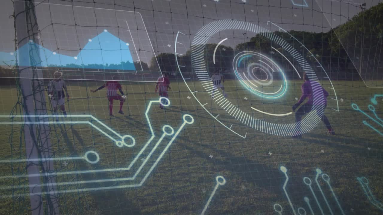 Players moving at goal as ball advancing, HUD aligning radar over ball for sports analytics