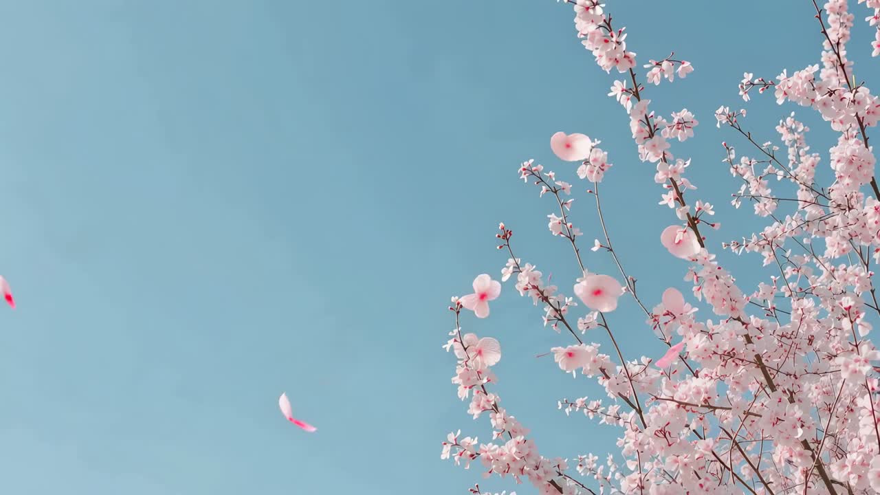 Swaying tree canopy losing pale pink petals at park, light breeze carrying petals left, copy space