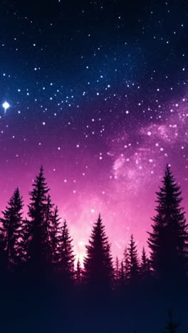 starry night sky over dark forest. a vibrant night sky filled with stars and a hint of purple hue over a silhouette of tall trees.
