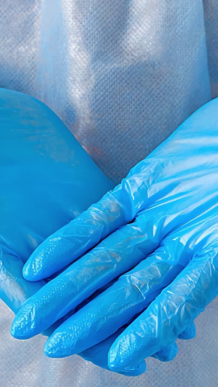 Primo piano di mani con guanti in un ambiente clinico, che rappresentano l'igiene e le precauzioni di sicurezza nelle procedure e negli interventi medici
