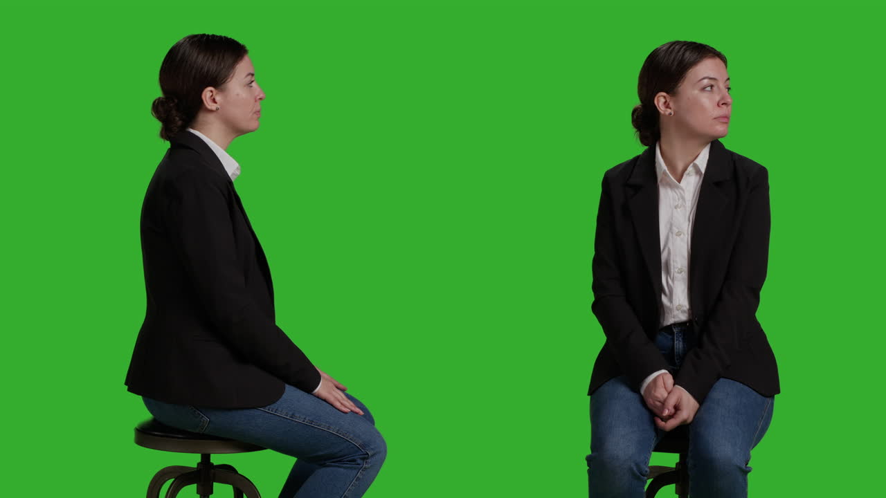 Women sitting in front of a green screen
