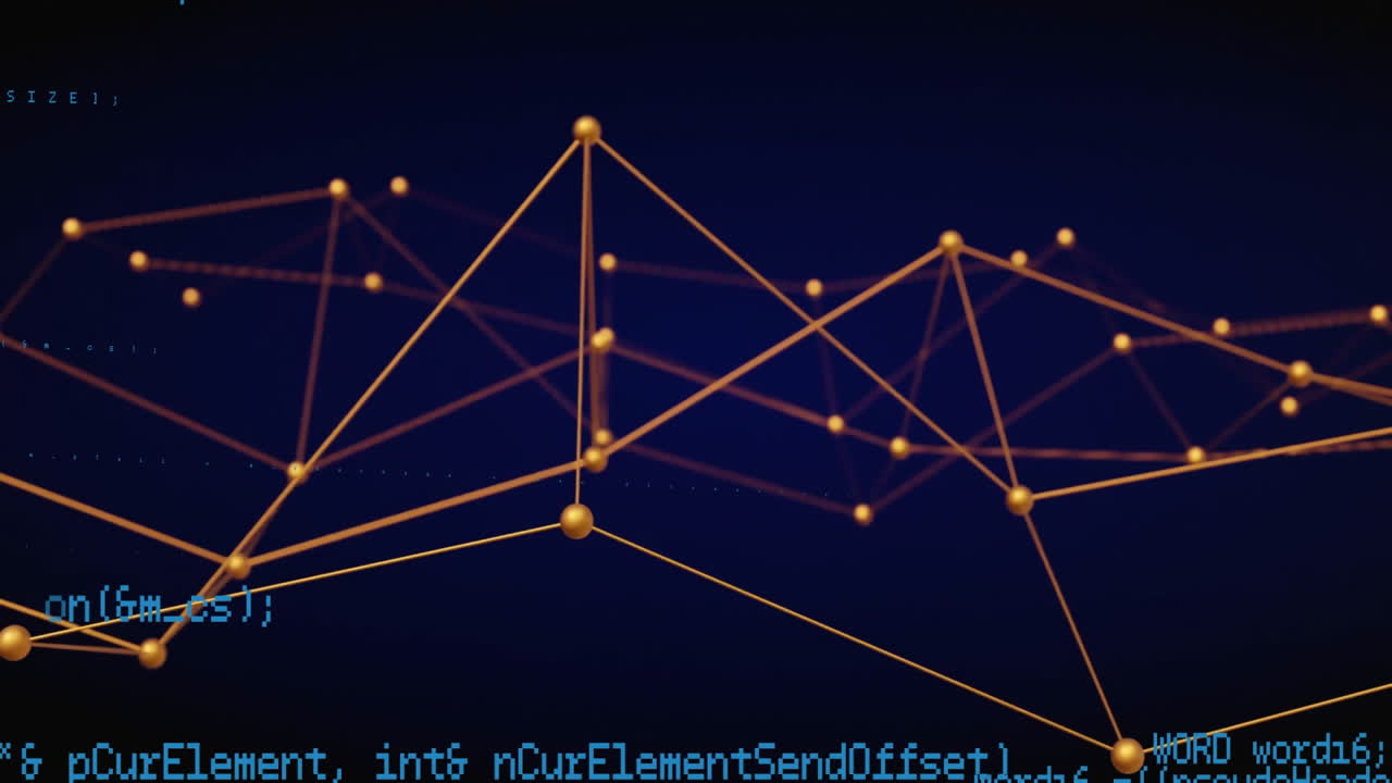 Animation of data processing over network of connections on black background