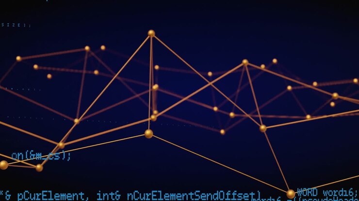 Animation of data processing over network of connections on black background
