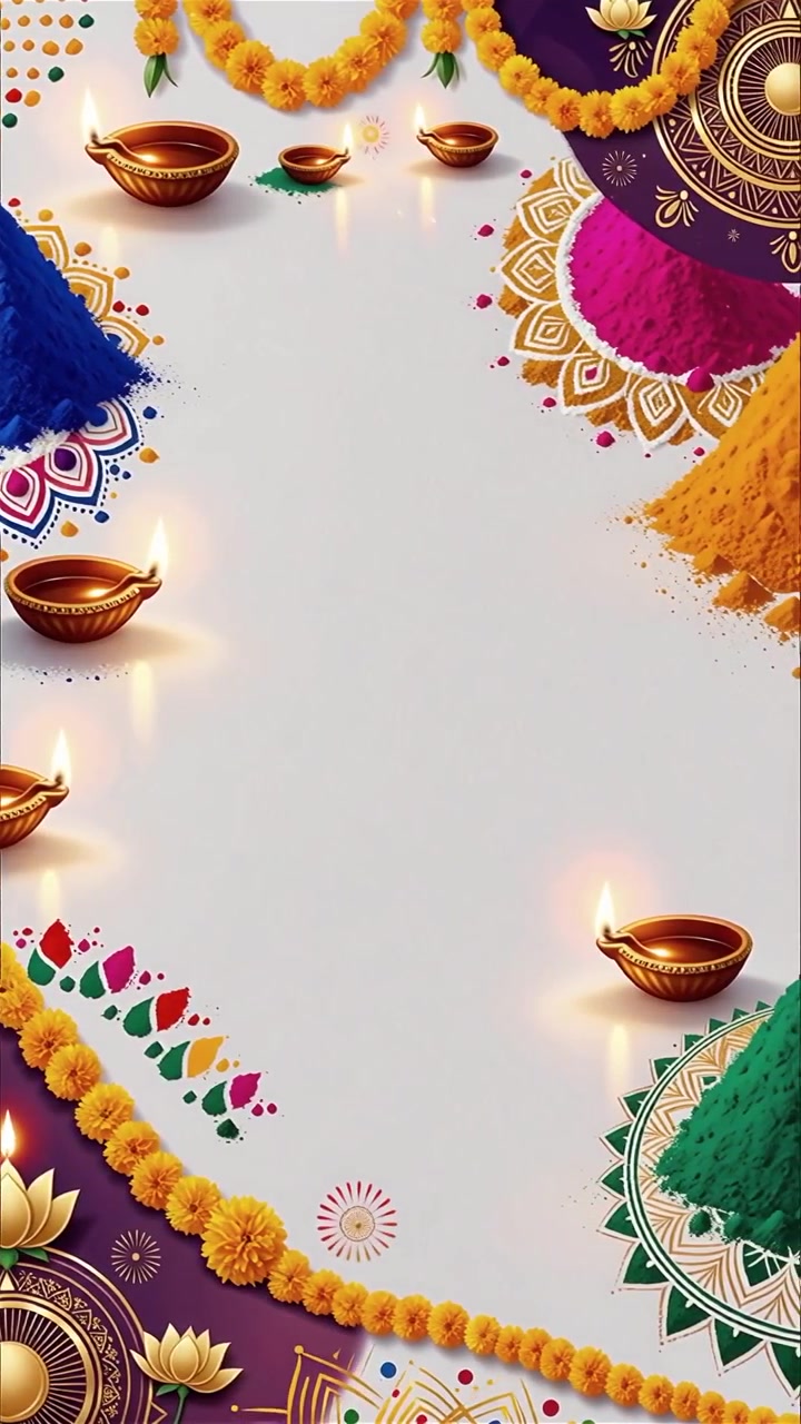 Sfondo Diwali con Diyas luminosi, Rangoli e fiori di loto