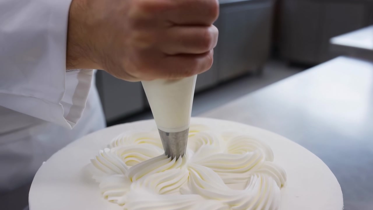Vista aproximada da mão de um chef com dólmã branco pressionando um saco de confeitar sobre um bolo redondo, formando rosetas de creme branco sobre uma cobertura lisa sob luz brilhante de cozinha, com fundo de aço inoxidável desfocado e uma atmosfera calma.