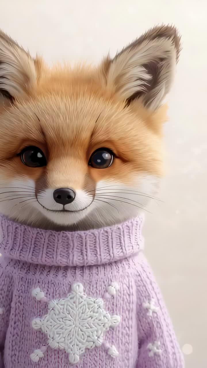 Vertikales Video: Clip startet, Fuchs winkt mit behandschuhter Pfote im Studio und trägt einen lilafarbenen Pullover, Begrüßung