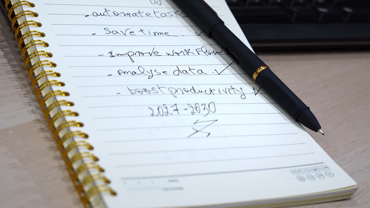 Close-up of a black pen lying on a notebook with a handwritten AI strategy list, including task automation and productivity goals on an office desk.