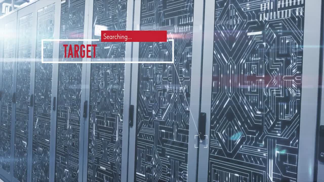 animación del procesamiento de datos contra las conexiones de microprocesadores a través de la sala de servidores de computadoras