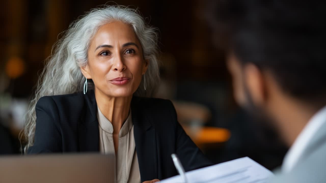 Una donna d'affari sicura di sé impegnata in una conversazione memorabile con un collega: il suo sorriso aperto e l'abbigliamento professionale risplendono in un ambiente accogliente, che mette in mostra un'interazione positiva in un contesto lavorativo dinamico