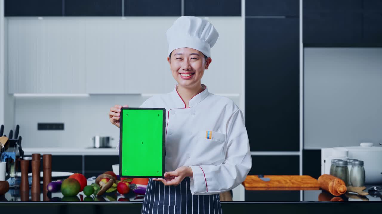 요리사 가 부 에서 녹색 스크린 태블릿 을 소개 하고 있다