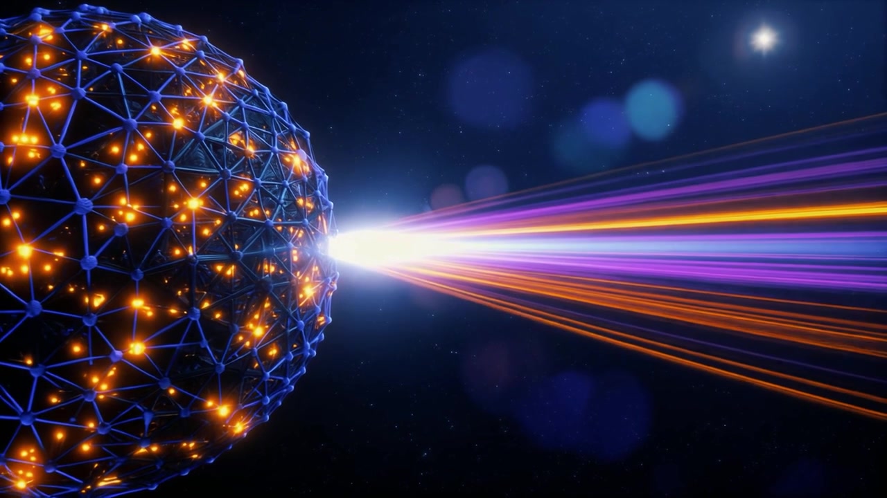 Abstract Glowing Sphere Emitting Light Beams in Deep Space
