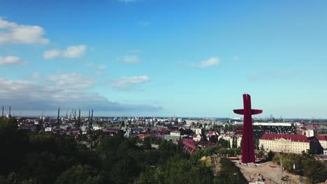 drone flying forward to the cityscape