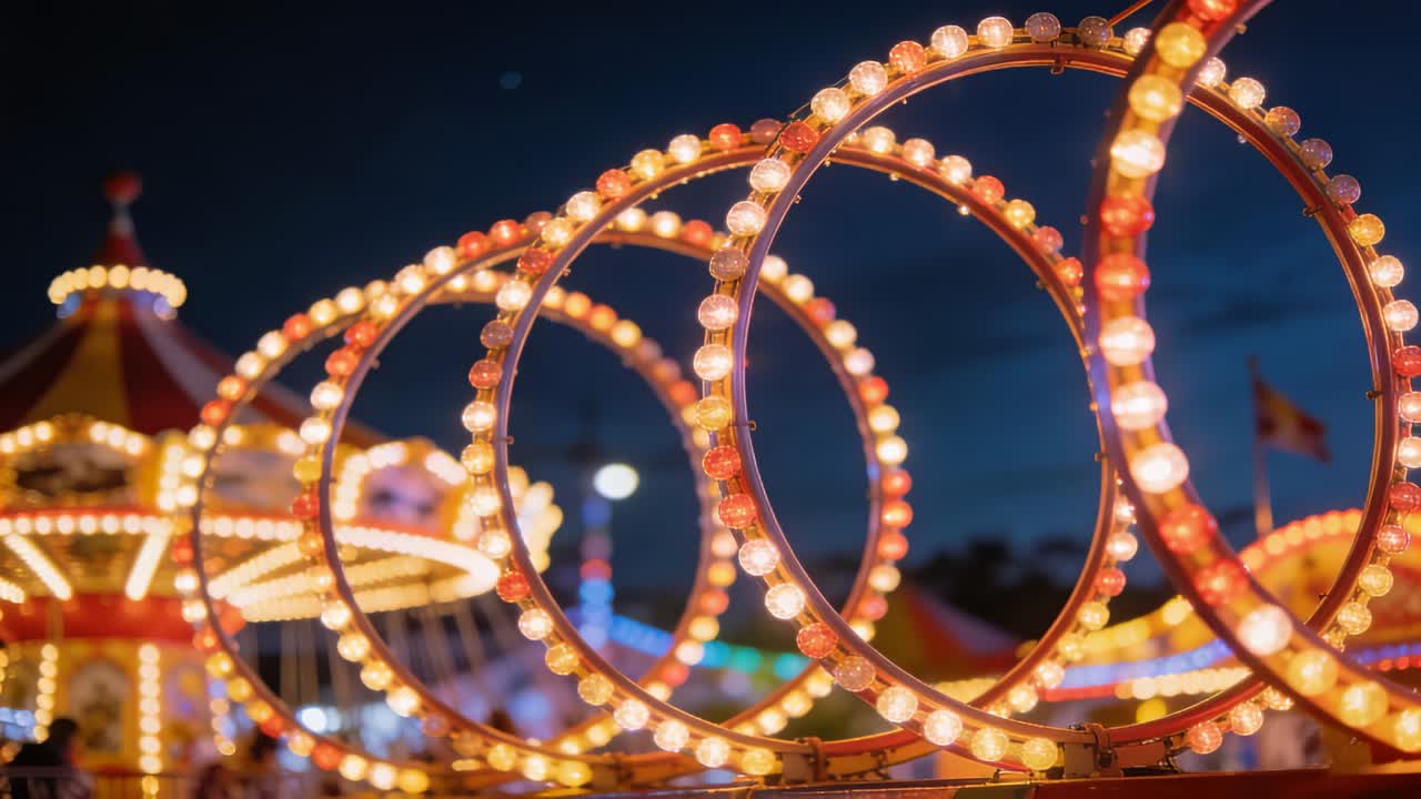 Panning camera tracking lit rings shifting right at fairground, accenting carousel lights
