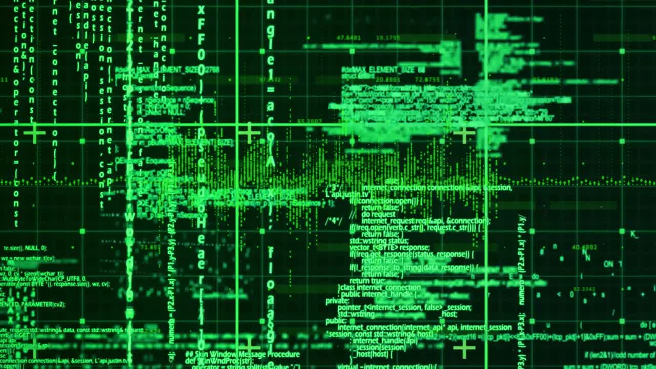 Lys grøn kode-overlay ruller hen over et mørkt gitter, viser krydsende akser og datamarkører