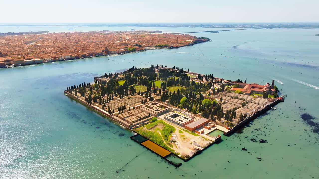 Aerial drone view of San Michele Cemetery on the The Island of San Michele, Italy