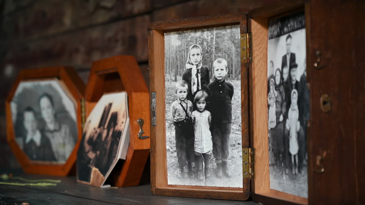 An old train car with photos of deported people inside in Chisinau, Moldova