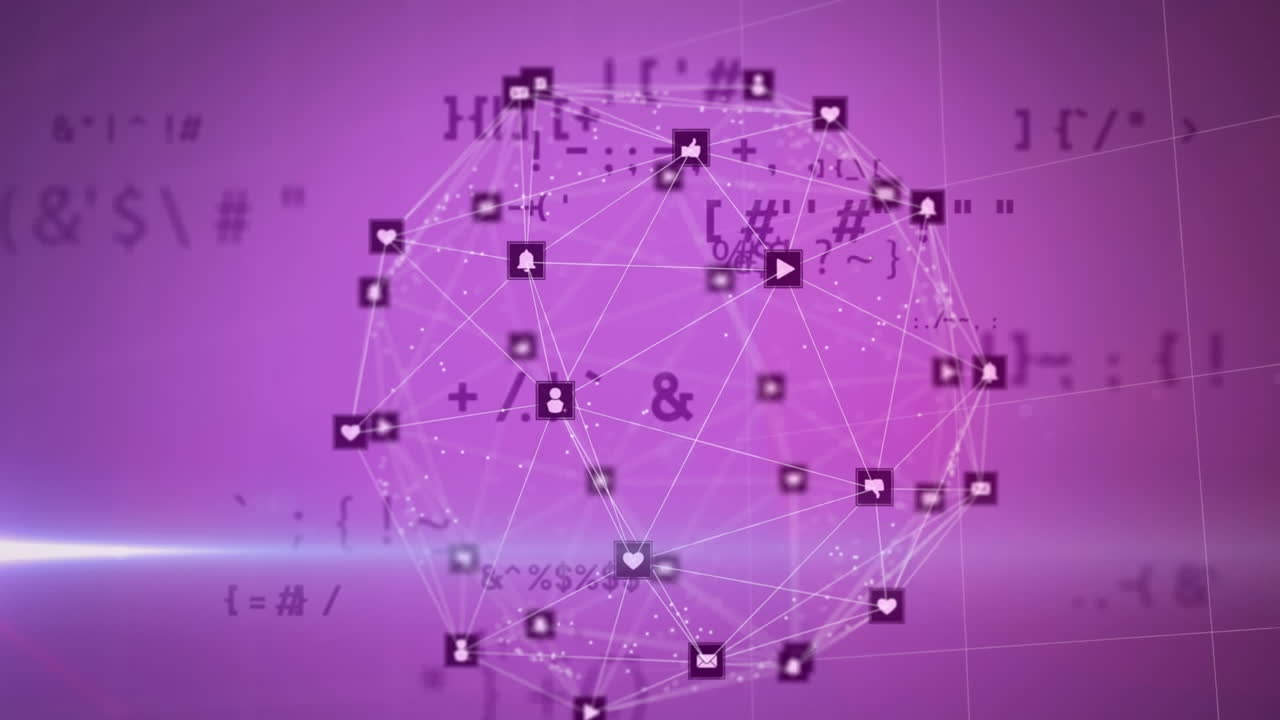 Animation of changing symbols and light spot over globe of digital icons against purple background