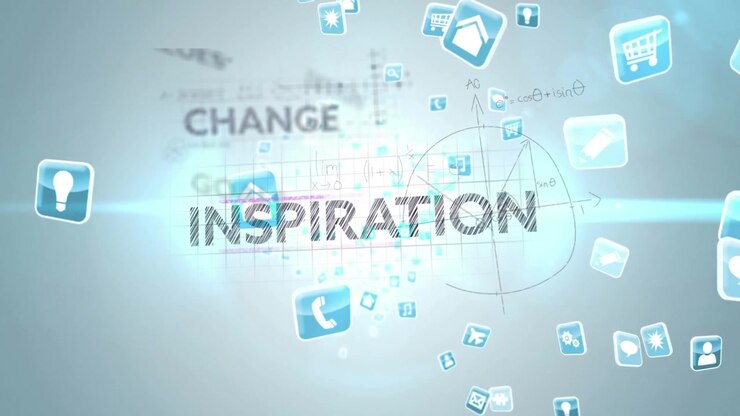 Animation of business concept texts and digital icons over light spot against blue background