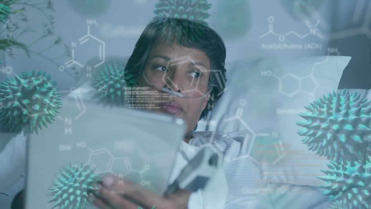 Chemical structures and Covid-19 cells moving against female patient using digital tablet