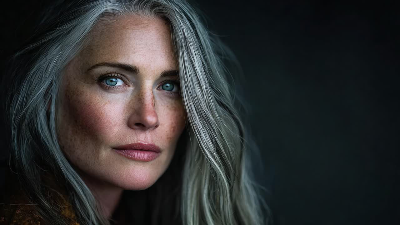 Portrait of a Thoughtful Woman with Long Silver Hair and Striking Blue Eyes, Capturing a Moment of Reflection and Serenity Against a Dark Background