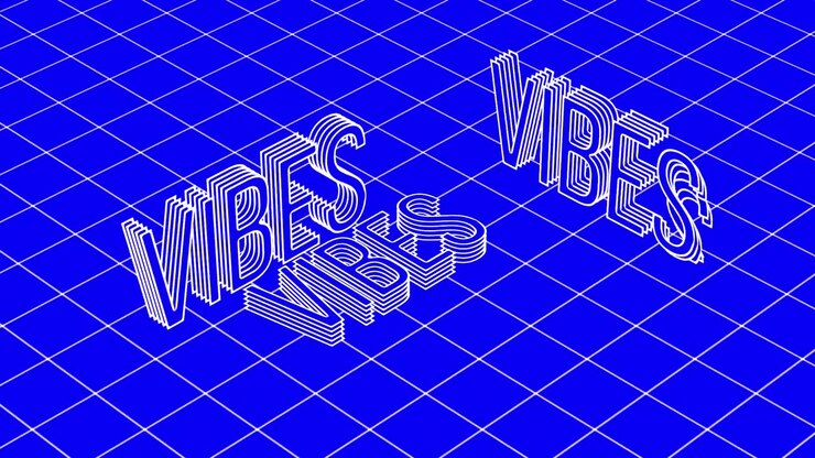 Animation of the word vibes in 3d white line text with white grid on blue background