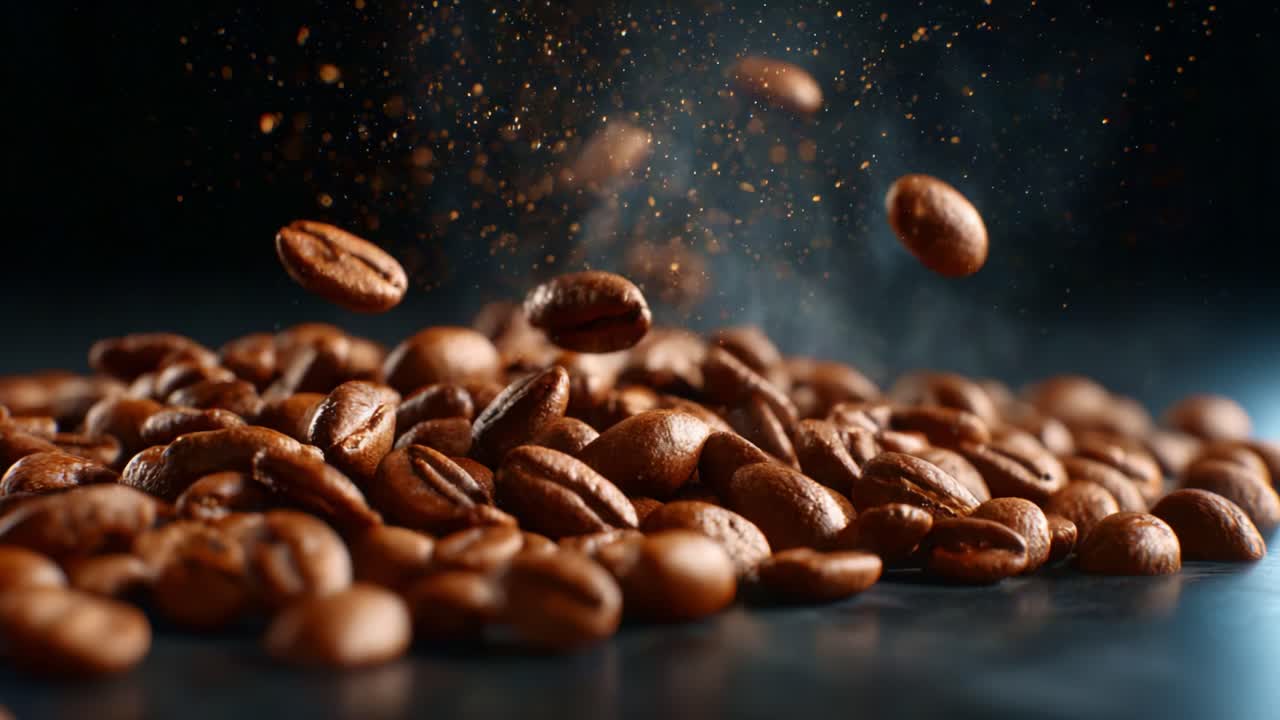 Accattivante primo piano di chicchi di caffè sospesi con particelle di polvere nell'aria, che ne mette in mostra il ricco colore marrone e la consistenza in una scena con illuminazione drammatica