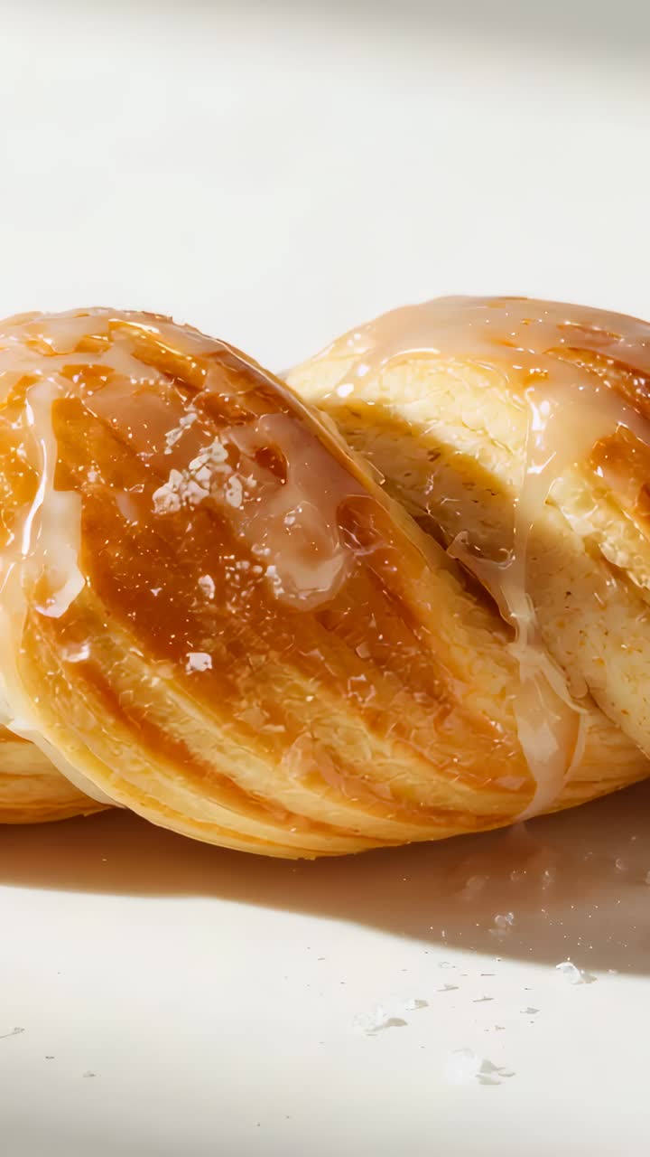Vertical video: Panning camera over braided pastry on white plate, revealing glaze and crystals