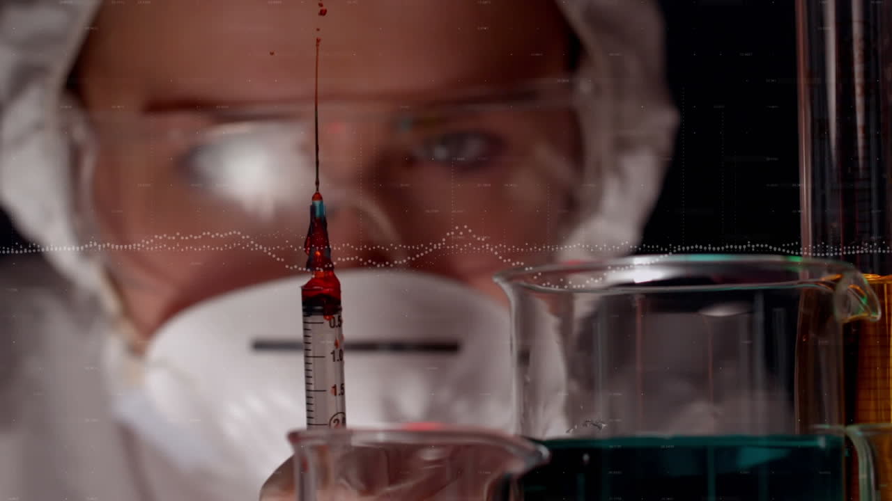 백신 주사기를 들고 있는 과학자에 대한 데이터 처리 애니메이션