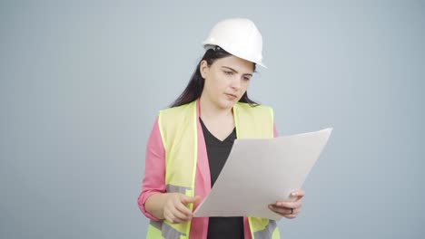 the engineer examines the project in her hands.