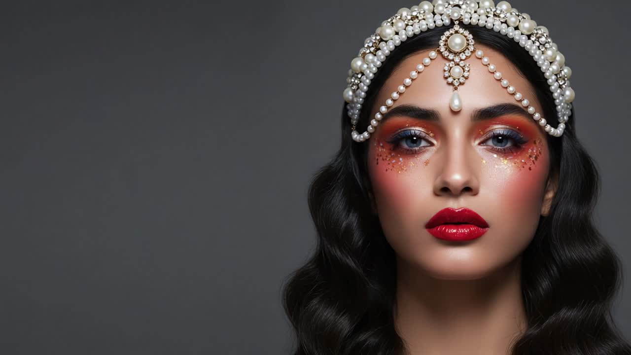 Stunning Portrait of a Glamorous Woman with Elegant Pearl Headpiece and Dramatic Makeup, Exuding Confidence and Beauty in a Sophisticated Style