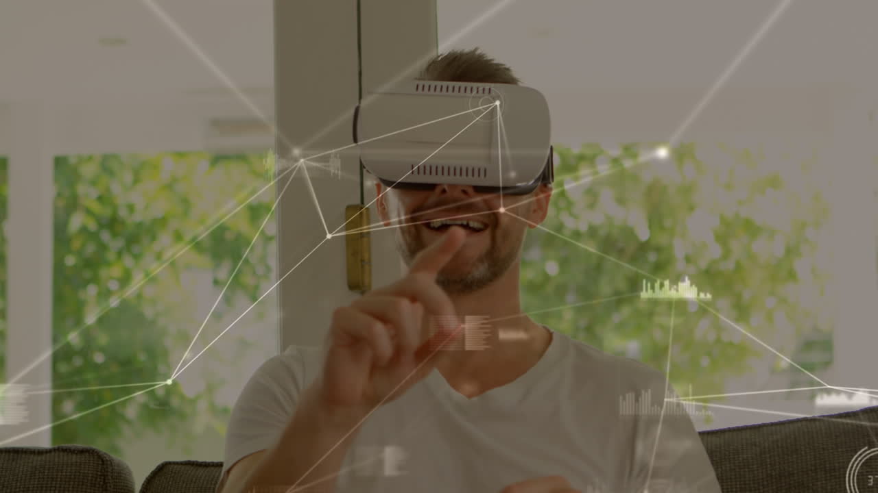 animación del procesamiento de datos sobre el hombre caucásico usando auriculares vr