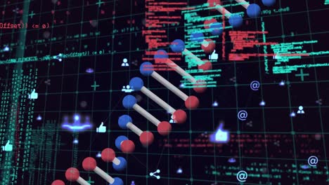 Animation-of-dna-strand-and-data-processing-over-black-background