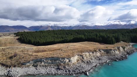 Lakeshore-of-turquoise-Lake-Pukaki-and-snow-capped-mountain-range-over-forest