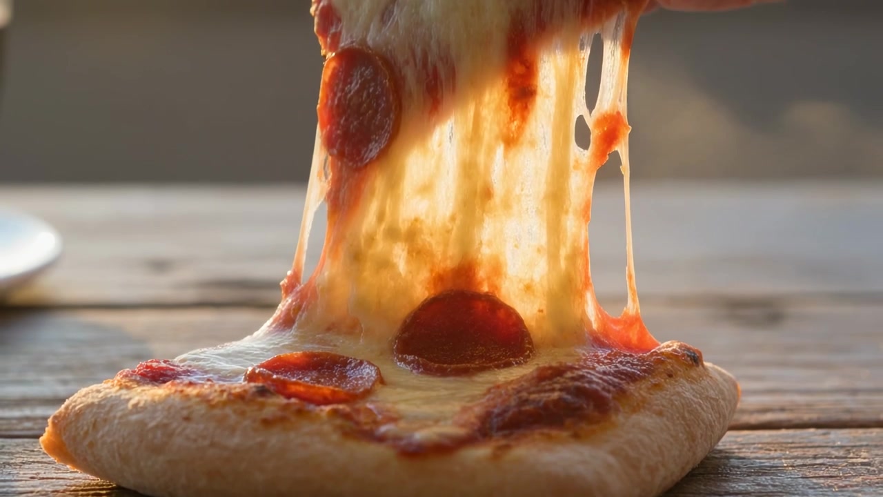 Una mano che solleva la crosta, tirando il formaggio da una pizza ai peperoni sul tavolo, con vapore che sale.