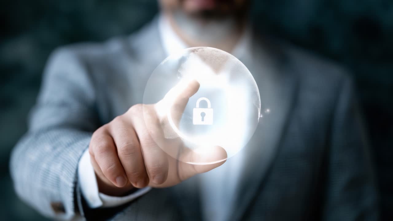 Exploring Digital Security: A Professional Engages with Lock Symbol in a Virtual Environment, Emphasizing the Importance of Protection and Confidentiality