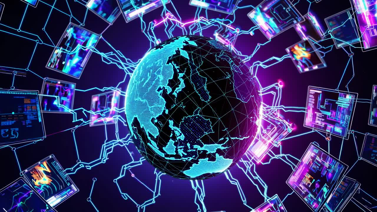 Network globale futuristico con Terra rotante e visualizzazione dati