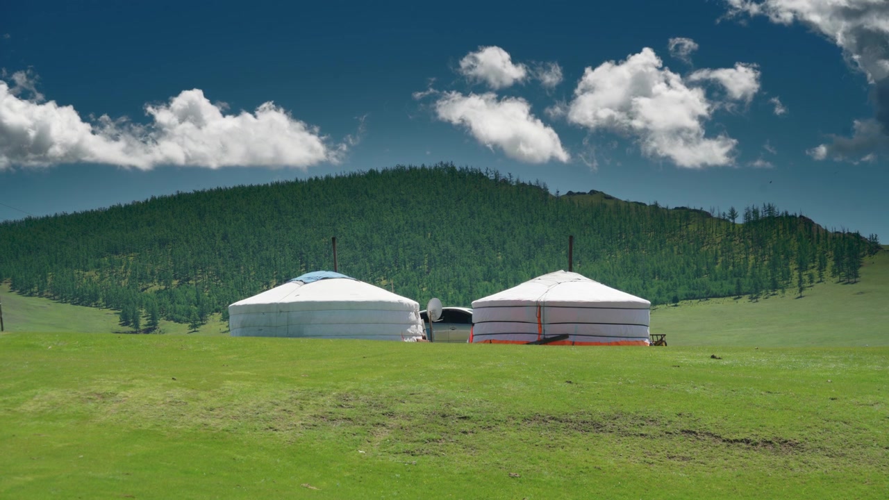 Traditionella mongoliska jurtor i ett vidsträckt grönt landskap