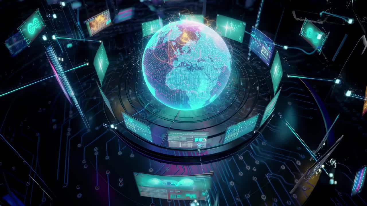 Futuristic video concept with a top-down angle of a digital globe surrounded by screens
