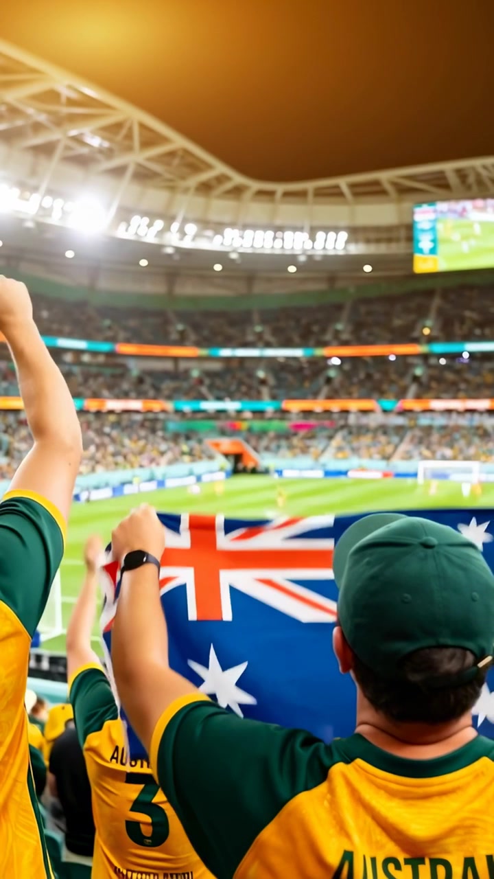Video verticale: Tifoso con cappellino verde che sventola una bandiera australiana nell'arena, con la scritta "AUSTRALIA 3" sullo schermo di sfondo.
