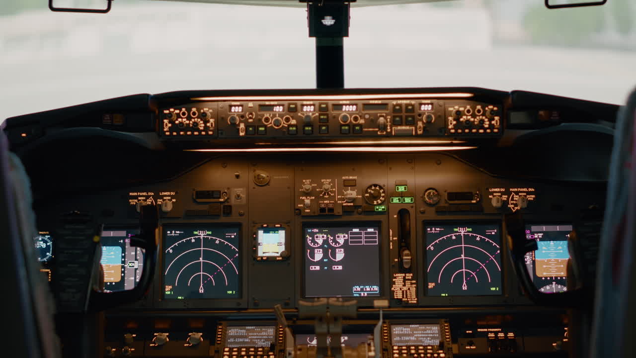 No people in empty airplane cockpit with power buttons