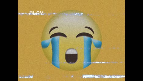 Digital-animation-of-vhs-glitch-effect-over-crying-face-emoji-on-yellow-background