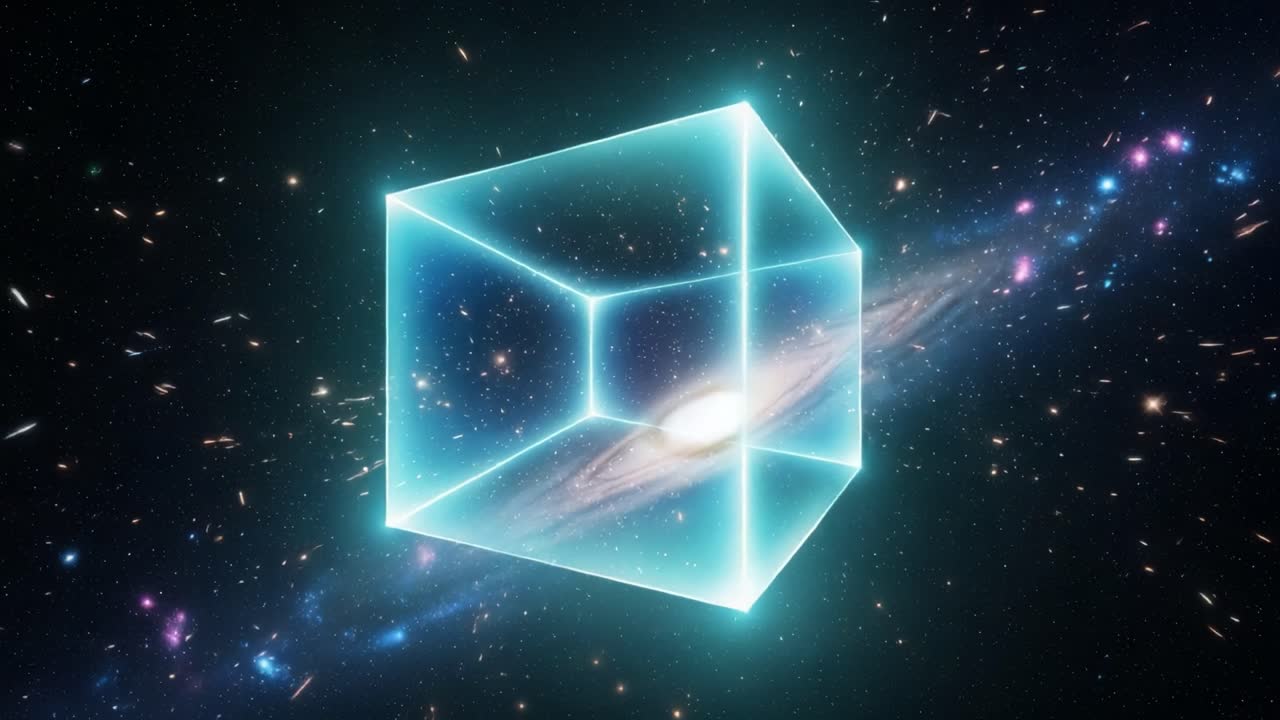 A Mesmerizing Journey Through the Cosmic Dimensions: Exploring a Glowing Cube Surrounded by Celestial Wonders and the Mystique of the Universe