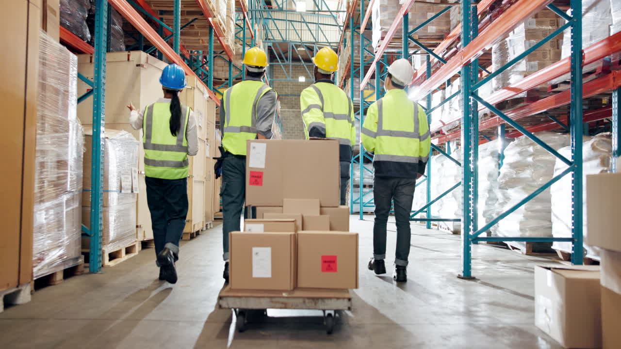 Trabajadores de almacén transportando cajas